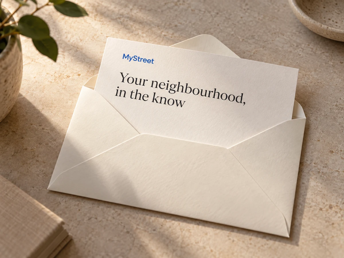 A preview of a MyStreet neighbourhood letter and textured paper envelope